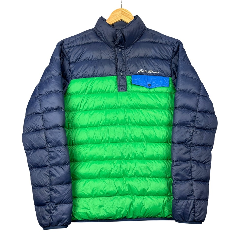 Eddie‎ Bauer EB650 Down Puffer Jacket Mens Medium Blue Green 1/4 Snap Pullover